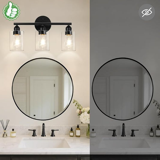 3-Light Bathroom Light Fixtures, 17.3" Black Modern Vanity Light for Bathroom Mirror, Glass Shade, Kitchen, Living Room, Bath, Metal