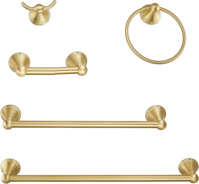 Sagetta Bathroom Hardware Set, 5-Piece Bath Accessories Set Wall Mount Includes 20 in Towel Bar, 16 in Towel Bar, Towel Ring, TP Holder, Towel Hook Brushed Gold