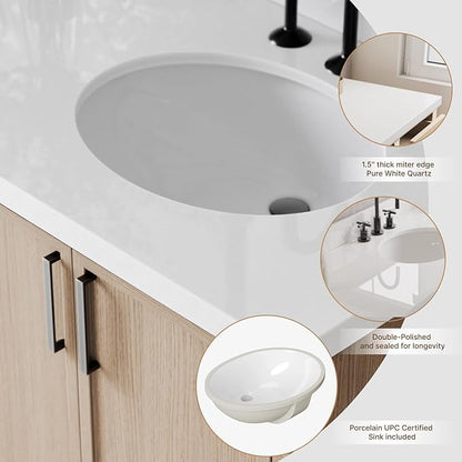 ARIEL Kelly 72-inch Bathroom Vanity with Sink,Solid Wood, 1.5-inch Pure White Quartz Countertop & Backsplash, Double Oval Porcelain Sink, 4 Soft Closing Doors, 5 Dovetail Drawers, White Oak