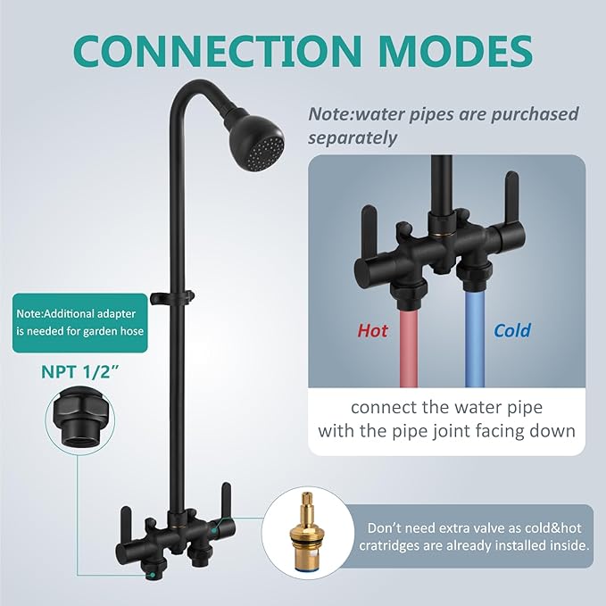 Aolemi Outdoor Shower Fixtures, 31" Exposed Shower System with Shower Head, 2-Handle Outdoor Shower Kit, 3 Inch Center Brass Mixing Valve, Matte Black