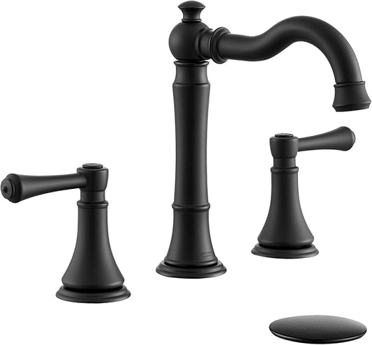 2-Handle Matte Black Bathroom Faucet 8 inch Widespread for 3 Holes with Plastic Pop-Up Drain, Classic Black Bathroom/Lavatory/Vanity Sink Faucets, High Arc 360° Swivel Brass Spout
