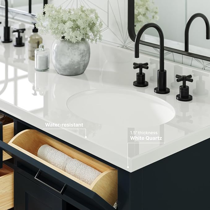 ARIEL Hepburn 66-inch Bathroom Vanity with Sink,Solid Wood, 1.5-inch Pure White Quartz Countertop & Backsplash, Double Oval Porcelain Sink, 4 Soft Closing Doors, 6 Dovetail Drawers, Midnight Blue