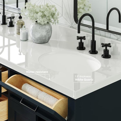ARIEL Hepburn 66-inch Bathroom Vanity with Sink,Solid Wood, 1.5-inch Pure White Quartz Countertop & Backsplash, Double Oval Porcelain Sink, 4 Soft Closing Doors, 6 Dovetail Drawers, Midnight Blue