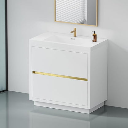 36 Inch Bathroom Vanity with Sink, Single Sink Bathroom Vanity, Freestanding Vanity Bathroom Soft Closed 2 Drawers, Integrated Sink (Glossy White)