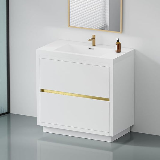 36 Inch Bathroom Vanity with Sink, Single Sink Bathroom Vanity, Freestanding Vanity Bathroom Soft Closed 2 Drawers, Integrated Sink (Glossy White)