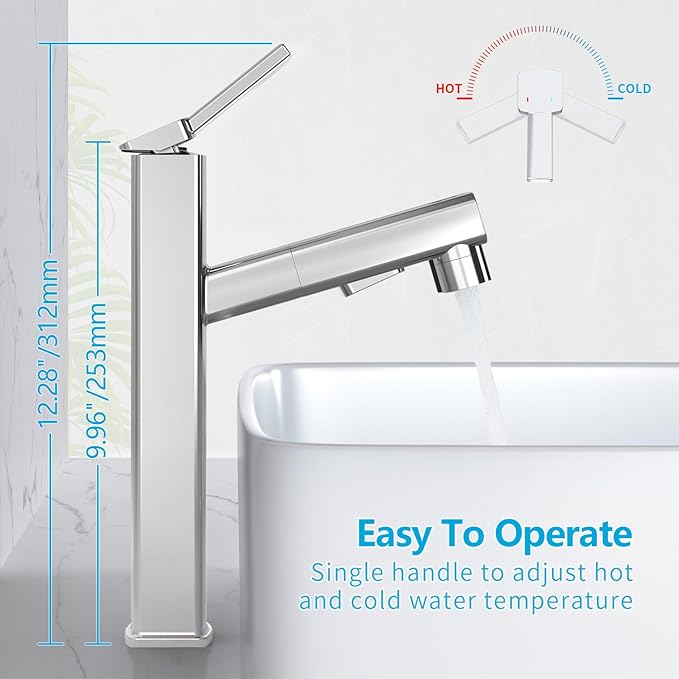 MIAOHUI Vessel Sink Faucet with Pull Out Sprayer, 3 Spray Mode Tall Bathroom Sink Faucet, High Bathroom Faucets for Sink 1 Hole, Single Handle Modern Vanity Faucet with Fountain Mode, Chrome