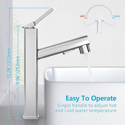 MIAOHUI Vessel Sink Faucet with Pull Out Sprayer, 3 Spray Mode Tall Bathroom Sink Faucet, High Bathroom Faucets for Sink 1 Hole, Single Handle Modern Vanity Faucet with Fountain Mode, Chrome