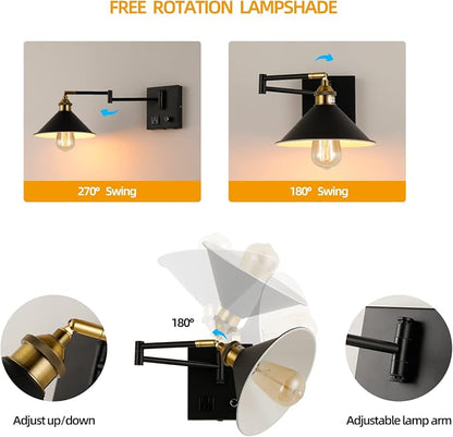 Bedside Wall Mount Light with Dimmable Switch and Outlet, Swing Arm Metal Shade Wall Sconce Light with USB Port and Plug in Cord, Black Wall Lamp for Bedroom, Living Room and Hotel
