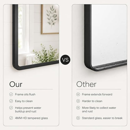 pertetey 28 x 36 in Rounded Rectangle Bathroom Mirror | Black Metal Frame, Tempered Glass, Wall Mounted