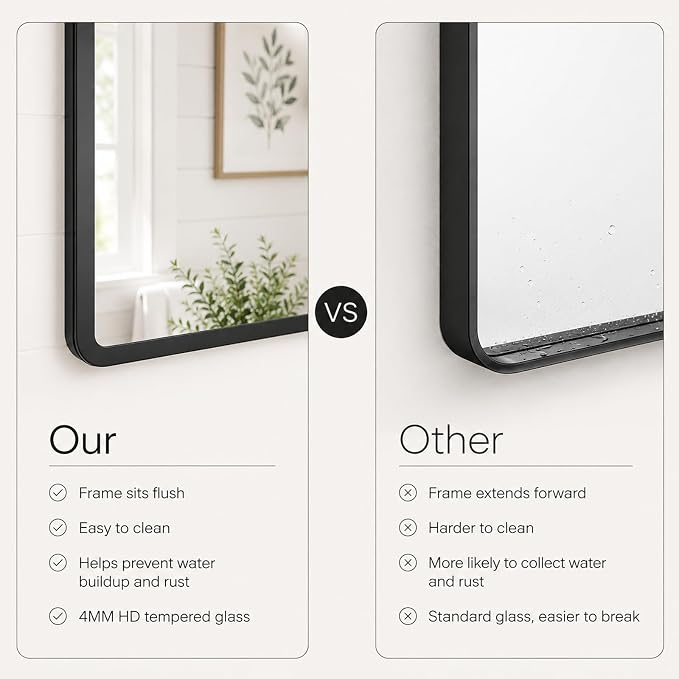 pertetey 60 x 28 in Rounded Rectangle Bathroom Mirror | Black Metal Frame, Tempered Glass, Wall Mounted