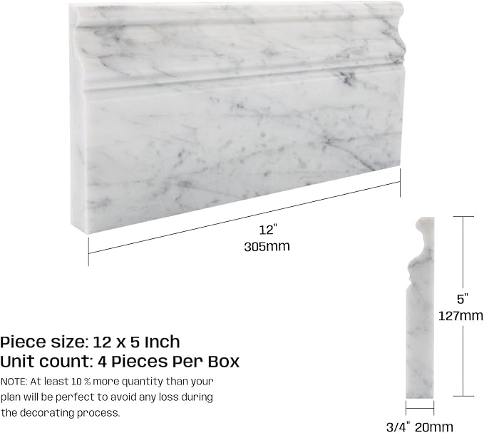 Carrara White Marble Baseboard Trim Molding 5"x12", Polished, 4 Pcs | Marble Base Moulding for Kitchen, Bathroom, Wall, Floor & Shower, Protects Walls, Easy to Install, Durable