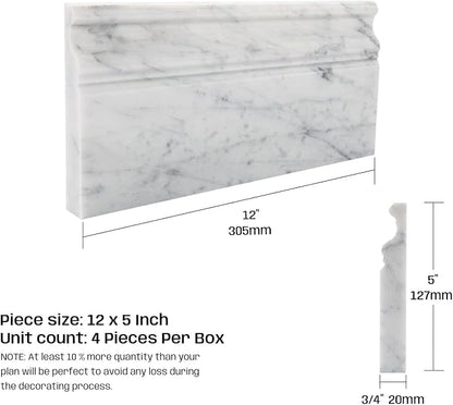 Carrara White Marble Baseboard Trim Molding 5"x12", Polished, 4 Pcs | Marble Base Moulding for Kitchen, Bathroom, Wall, Floor & Shower, Protects Walls, Easy to Install, Durable