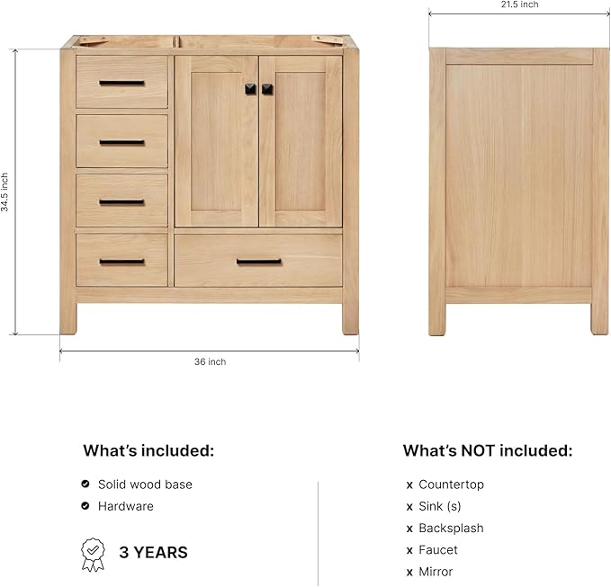 ARIEL Cambridge 36-inch Bathroom Vanity Base Cabinet,Solid Wood, 2 Soft Closing Doors, 5 Dovetail Drawers, White Oak
