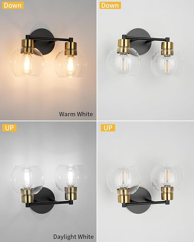 WILON 2-Light Bathroom Vanity Light Fixture Over Mirror, Black and Gold Sconces with Clear Globe Glass Shades, E26 Base Wall Lamp for Living Room Bedroom Stairway