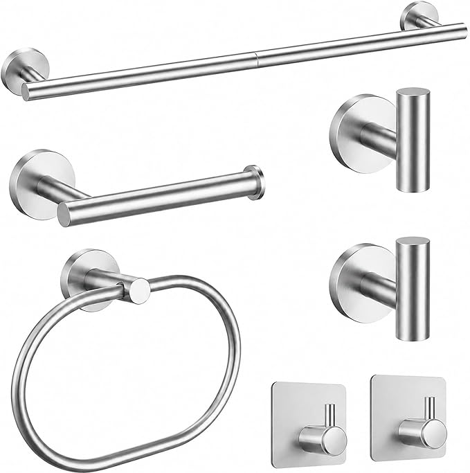 Silver Bathroom Accessories Set, 7 Pieces Silver Towel Bar Bathroom Hardware Set, 24 Inch Towel Racks for Bathroom, SUS304 Stainless Steel Bathroom Towel Holder Toilet Paper Holder Wall Mounted