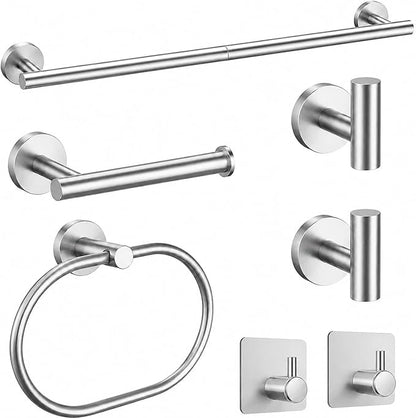 Silver Bathroom Accessories Set, 7 Pieces Silver Towel Bar Bathroom Hardware Set, 24 Inch Towel Racks for Bathroom, SUS304 Stainless Steel Bathroom Towel Holder Toilet Paper Holder Wall Mounted