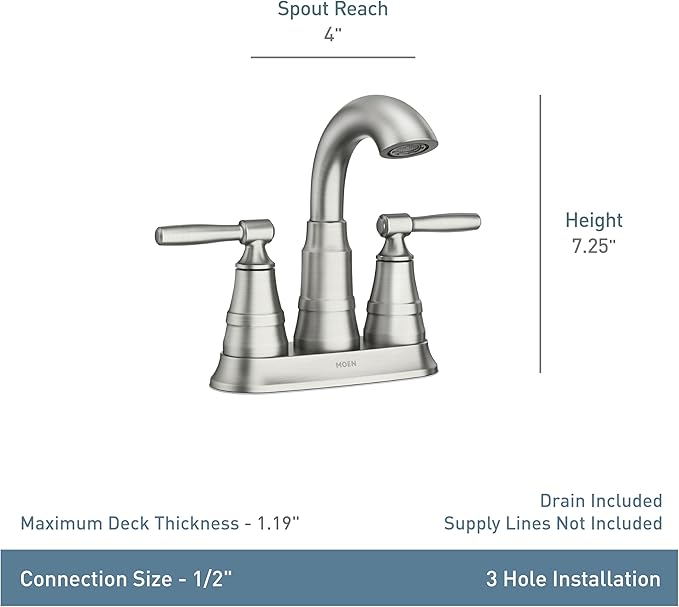 Moen Halle Spot Resist Brushed Nickel Two-Handle Centerset Bathroom Sink Faucet with Drain Assembly, 84971SRN