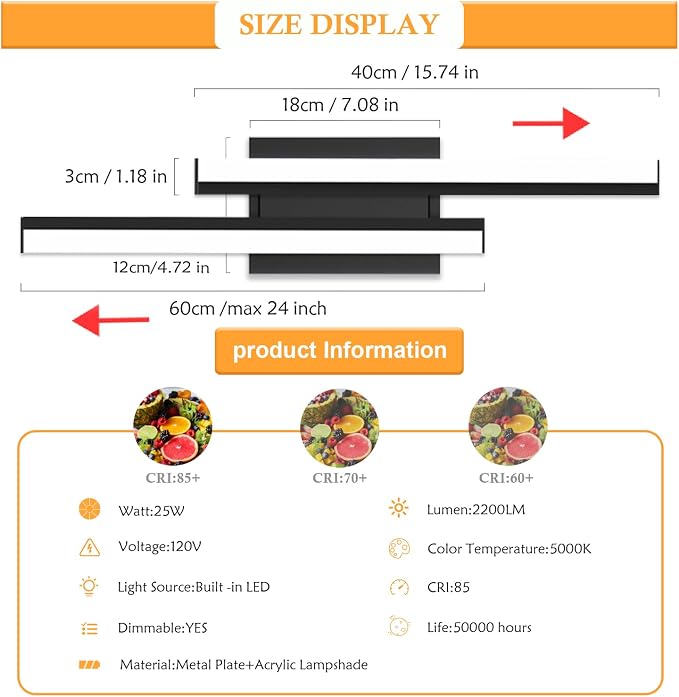 Bathroom Light Fixtures Over Mirror: 24 Inch Modern Black LED Vanity Light Bar ETL Certified | Retractable Dimmable Bathroom Lamp IP44 - Wall Light Fixture, 5700K Cool White(2 Pack)