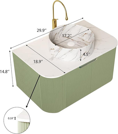 Yayzy 30" Floating Bathroom Vanity with Sink, Solid Wood Fluted Cabinet, White Marble-Patterned Ceramic Basin & Faux Marble Top, Soft-Close Drawer, Pre-Assembled, Light Green