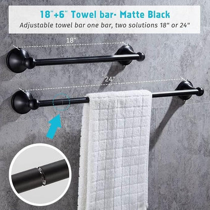 8 Piece Bathroom Accessory Set(Adjustable Towel Bar, Towel Ring, Toilet Paper Holder,Towel Hook), Wall Mounted Bathroom Hardware Accessories Set,Matte Black