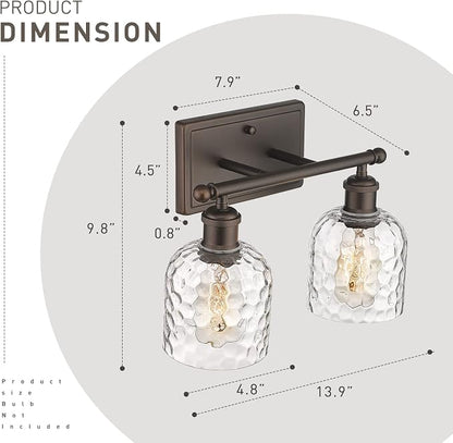 zeyu 2-Light Bathroom Vanity Light, Farmhouse Wall Sconce Lighting with Clear Hammered Glass, Oil Rubbed Bronze Finish, ZJF63B-2W ORB