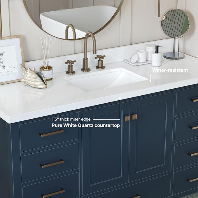 ARIEL Cambridge 60-inch Bathroom Vanity with Sink,Solid Wood, 1.5-inch Pure White Quartz Countertop, Single Rectangular Porcelain Sink, 2 Soft Closing Doors, 9 Dovetail Drawers, Midnight Blue