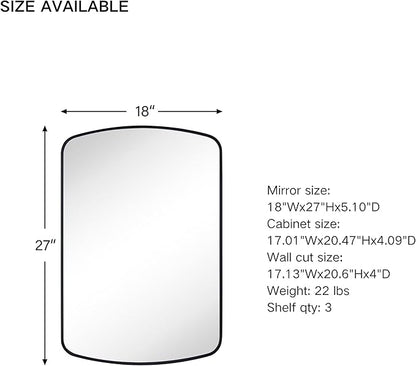 Black Arched Recessed and Surface Mount Bathroom Medicine Cabinet with Mirror Metal Framed Rectangular Bathroom Cabinet with 3 Tempered Glass Adjustable Shelves 18x27''