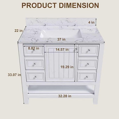 Montary 36" Bathroom Vanity with 37" Artificial Marble Carrara White Top, Modern Stylish MDF Bathroom Storage Cabinet, Freestanding Vanity Set with One Cabinet & 3 Drawers, White (Single Hole)
