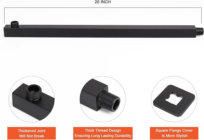 Shower Head with Extension Arm, High Pressure Square with ShowerArm, Stainless Steel Rainfall-Waterfall Full Body Coverage (16'' Shower with 20'' Arm, Matte Black)