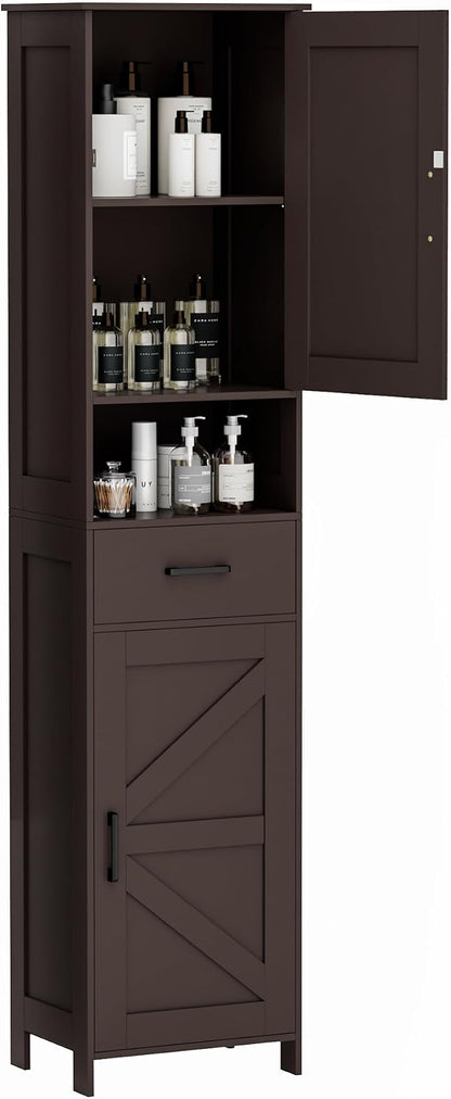 Homhedy 67" H Tall Bathroom Storage Cabinet with Barn Doors and Drawer | Narrow Storage Unit with Adjustable Shelves, Floor Cabinet for Bathroom, Living Room, Entryway or Kitchen, Brown, 15.7" W