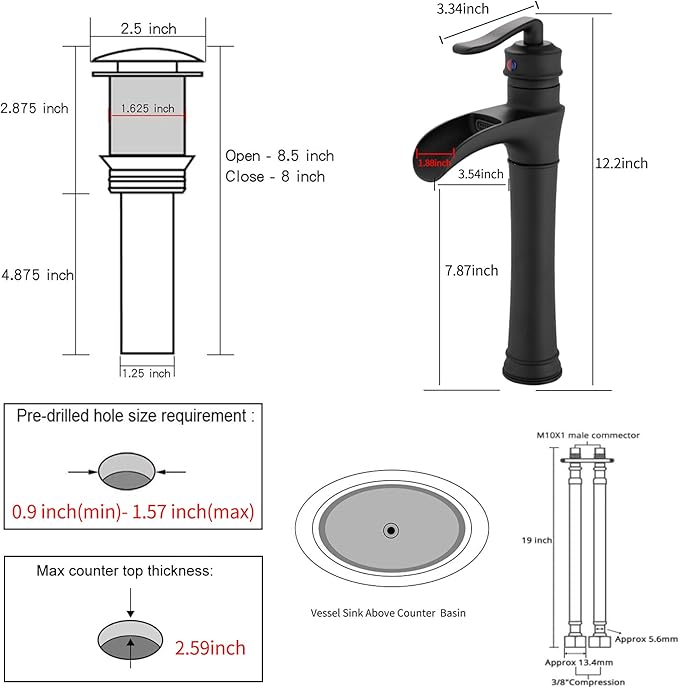 Matte Black Bathroom Faucet GGStudy Single Handle One Hole Farmhouse Waterfall Bathroom Vessel Sink Faucet Black Matching with Pop Up Drain