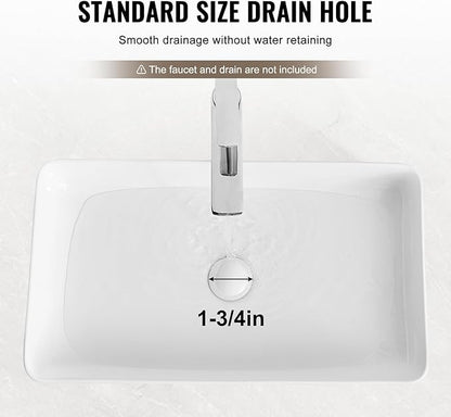 VEVOR Rectangle Vessel Sink, 24" x 13.8" Bathroom Vessel Sink Countertop, White Ceramic Bathroom Sinks Above Counter, Modern Style, Bright and Elegant, Well-Packaged for Bathroom, Hotel, Toilet, RV