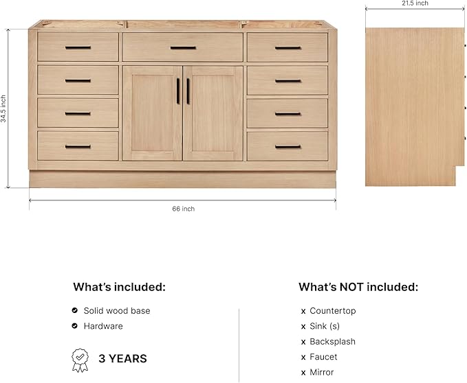 ARIEL Hepburn 66-inch Bathroom Vanity Base Cabinet,Solid Wood, 2 Soft Closing Doors, 9 Dovetail Drawers, White Oak