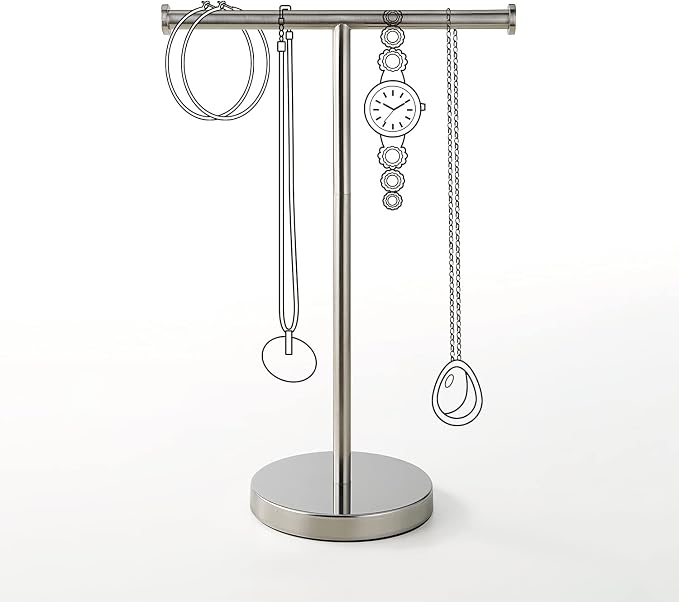 SunnyPoint Countertop Hand Towel Holder Stand – 16.5" Tall Stainless Steel T-Bar Rack with Weighted Base, Brushed Satin Nickel Finish – Jewelry Holder for Bathroom, Vanity, or Kitchen