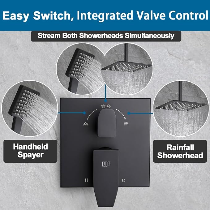 12 Inch Ceiling Mount Shower Faucet Set Matte Black Ceiling Rainfall Shower Head and Handle Set Bathroom Rain Shower System Include Shower Valve and Trim Kit