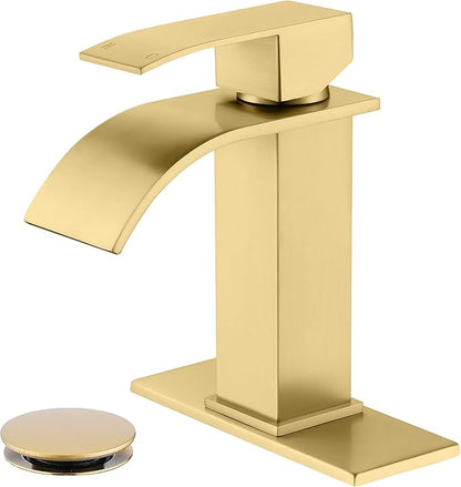 Waterfall Faucet for Bathroom Sink, Single Hole Bathroom Faucet Brushed Gold with Pop Up Drains and Deck Plate for 3 Hole Installation JXM122BG