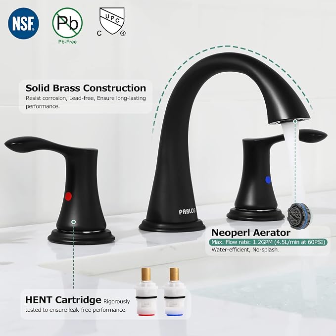 Bathroom Sink Faucet 8 Inch Widespread for Vanity, Matte Black | Mid Arc, 2 Handle Lead-Free Deck Mount Bathroom Faucet with Pop Up Drain Supply Lines, for 3 Hole Lavatory Utility Sink