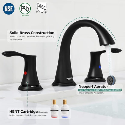 Bathroom Sink Faucet 8 Inch Widespread for Vanity, Matte Black | Mid Arc, 2 Handle Lead-Free Deck Mount Bathroom Faucet with Pop Up Drain Supply Lines, for 3 Hole Lavatory Utility Sink