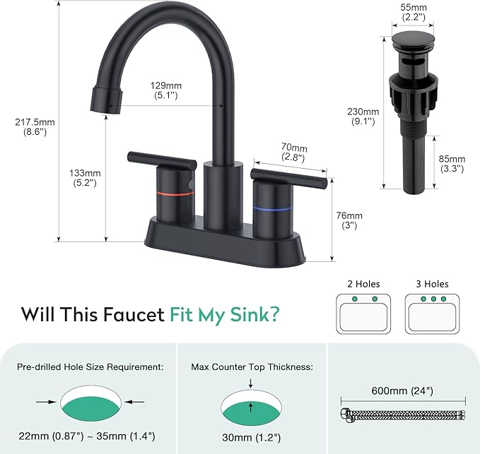 Faustina Matte Black Bathroom Faucet, 4 Inch Centerset Bathroom Faucets for Sink 2 Hole 3 Holes，Two Handles 304 Stainless Steel Faucet with Pup up Drain and 2 cUPC Water Supply Lines for RV Vanity