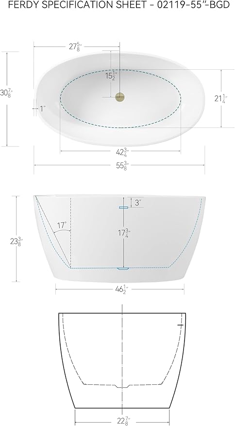 FerdY Tahiti 55" Acrylic Freestanding Bathtub, Elegant Oval Shape Soaking Bathtub, Glossy White, Brushed Gold Drain & Integrated Slotted Overflow Assembly Included cUPC Certified