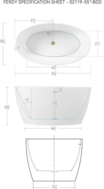 FerdY Tahiti 55" Acrylic Freestanding Bathtub, Elegant Oval Shape Soaking Bathtub, Glossy White, Brushed Gold Drain & Integrated Slotted Overflow Assembly Included cUPC Certified