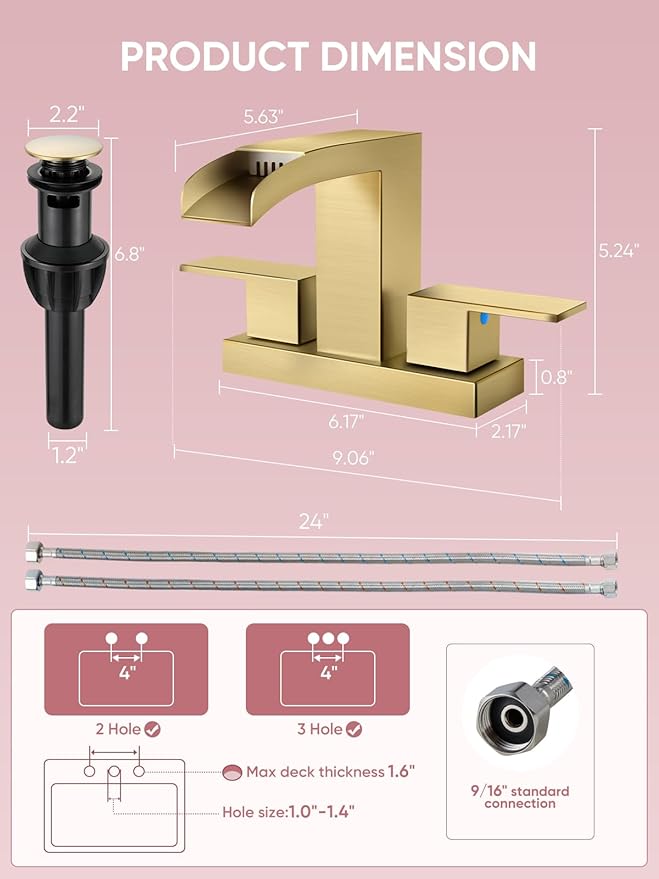 Cobbe Waterfall Bathroom Faucets 3 Hole, Brushed Gold Bathroom Sink Faucet Square 4 Inch Centerset with Pop-Up Drain, 2 Handle and 2 Supply Hoses, Lead-Free Stainless Steel for Vanity Sink Rv