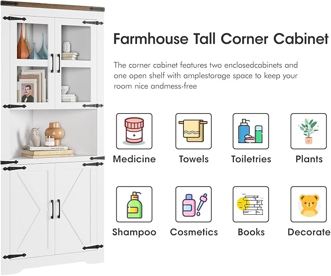 GAOMON Farmhouse Corner Cabinet, Tall Corner Storage with Glass Door & Adjustable Shelves, Bathroom Cabinet with Storage for Living Room, Kitchen, Bathroom, White