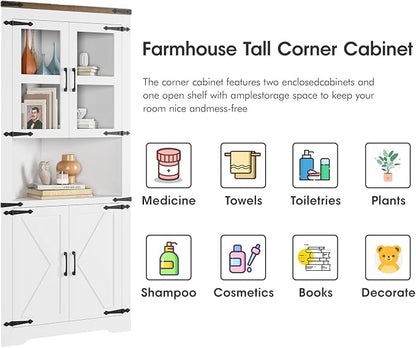 GAOMON Farmhouse Corner Cabinet, Tall Corner Storage with Glass Door & Adjustable Shelves, Bathroom Cabinet with Storage for Living Room, Kitchen, Bathroom, White