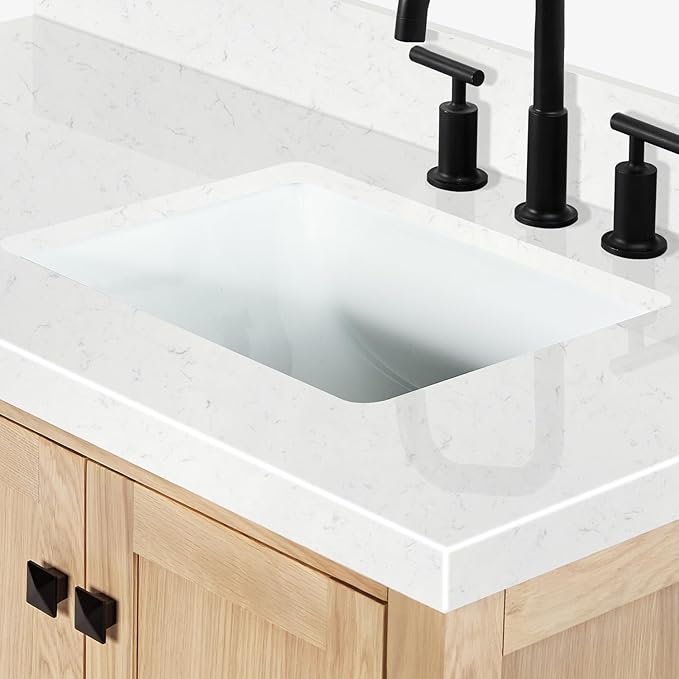 ARIEL 42 inch Bathroom Vanity top with Sink, 1.5 Inch Thick Miter Edge Carrara White Quartz top, Right Offset Vanity top with Rectangle Porcelain Sink, Includes Backsplash