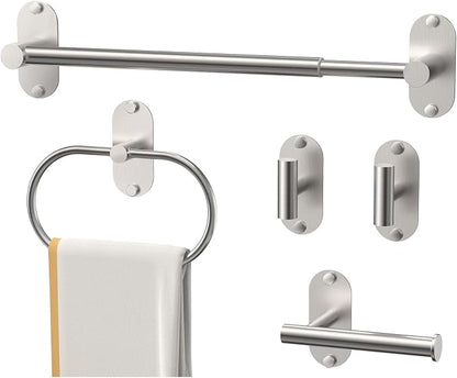 5-Piece Bathroom Hardware Set, Adhesive or Drill Wall Mount, Nickel | Adjustable Towel Bar, Toilet Paper Holder, Towel Ring, 2 Towel Hook, 304 Stainless Steel Bathroom Accessories Set