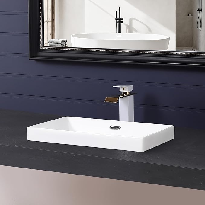 Semi Recessed Bathroom Sink 21"x13" Vessel Sink Drop-in White Porcelain Ceramic Modern Rectangular Sinks Basin Vanity Sinks with Overflow for Bathrooms