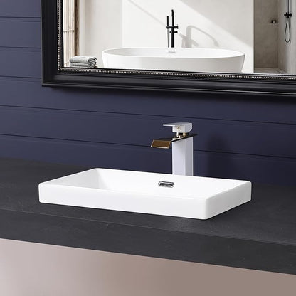 Semi Recessed Bathroom Sink 21"x13" Vessel Sink Drop-in White Porcelain Ceramic Modern Rectangular Sinks Basin Vanity Sinks with Overflow for Bathrooms