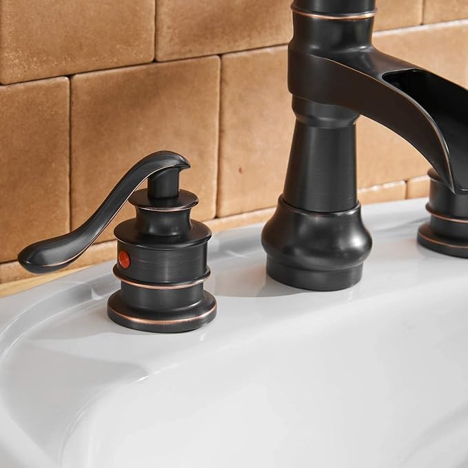 8 Inch 3 Hole Widespread Bathroom Sink Faucet Two Handle | Oil Rubbed Bronze,Waterfall Spout,with Pop Up Drain Stopper Assembly and Supply Lines,Farmhouse Vanity Mixer Tap,Lead-Free