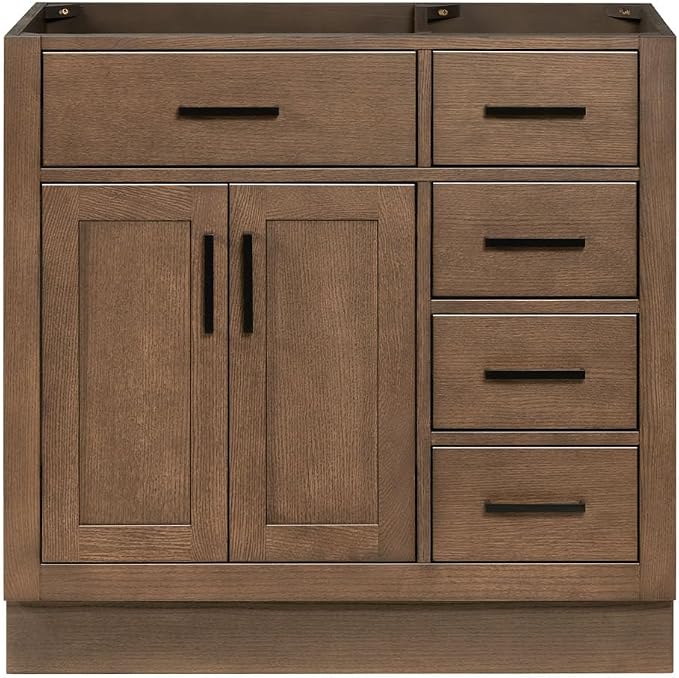ARIEL Hepburn 36-inch Bathroom Vanity Base Cabinet,Solid Wood, 2 Soft Closing Doors, 5 Dovetail Drawers, Brown Oak